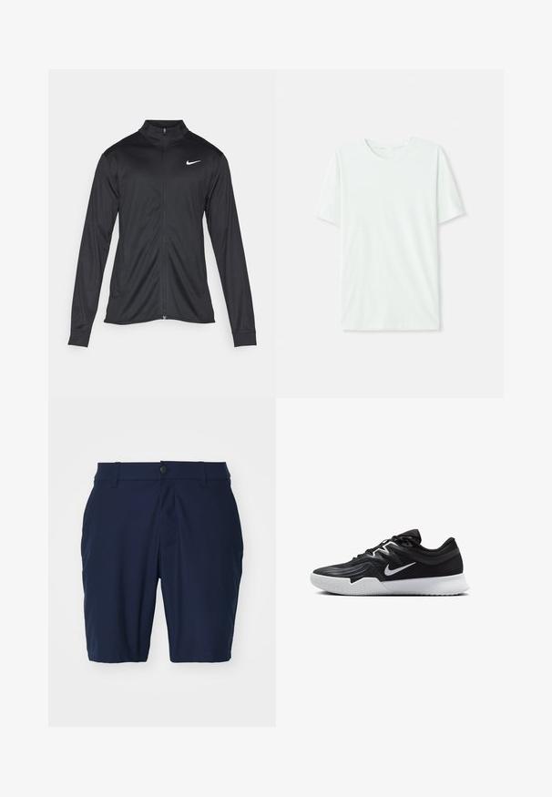 Must värvi sportlik jakk pikkade varrukatega, krae ja täispikk tõmblukk. Ülemises vasakus rinnas on diskreetne valge Nike logo. Sile tekstuur.; Heleheline mintroheline lühikeste varrukatega t-särk, mis on valmistatud pehmest kangast. Omab ümmargust kaelust ja lihtsat, sirget lõiget ilma kaunistusteta.; Tumedate sinised lühikesed püksid siledast kangast, millel on nupClosure, küljetaskud ja sirge lõike disain.; Must mustad jalanikesad rikaste ülaservaga, valge Nike swoosh'i ja valge kummist välispõhjaga. Omab paeltega sulgemisdetaili ja dünaamilist kuju.