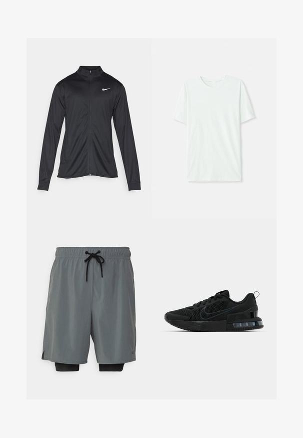 Fekete sportdzseki hosszú ujjal, gallérral és teljes cipzárral. Diszkrét fehér Nike logóval az upper bal mellen. Sima textúra.; Világos menta zöld, rövidujjú póló, puha anyagból készült. Kerek nyakkivágással és egyszerű, egyenes szabással rendelkezik, díszítések nélkül.; Szürke sportshorts, gumis derékrésszel, fekete húzózsinórral, oldalsó zsebekkel és belső kompressziós shortssal. Simaszerkezet, könnyű anyag.; Fekete Nike sportcipő, hálós felsőrésszel, texturált talppal és a saroknál látható levegőpárnával. A részletek és a logó sötétebb fekete árnyalatban.