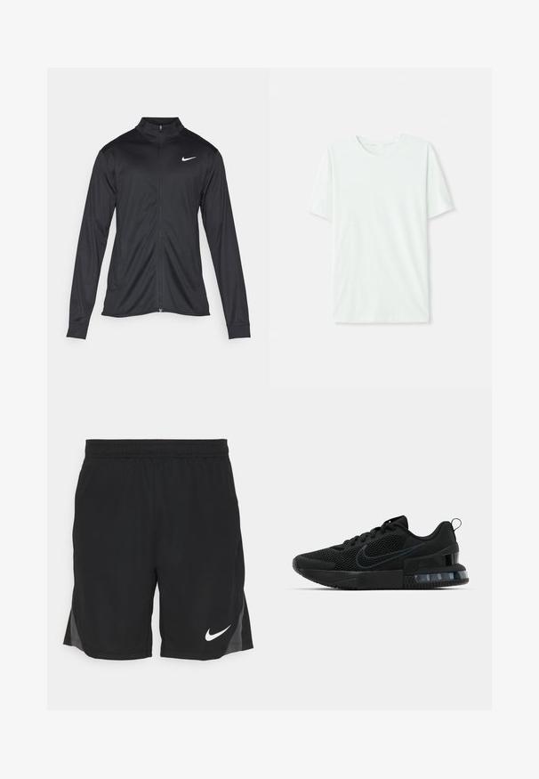 Melna sporta jaka ar garām piedurknēm, apkakli un pilnu rāvējslēdzēju. Uz kreisā krūts augšdaļas ir maigs Nike logo baltā krāsā. Gluda tekstūra.; Gai mints zaļš īsu piedurkņu T-krekls, izgatavots no mīkstas auduma. Tam ir apaļa kakla izgriezuma forma un vienkāršs, taisns griezums bez rotājumiem.; Melni sporta šorti, kas izgatavoti no viegla auduma, ar izteiktu rakstu, sānu šķēlumiem un baltu Nike logo kreisajā apakšējā stūrī.; Melnas Nike sporta kurpes ar sietu augšpusi, gumijas zoli, polsterētu apkakli un izteiktu caurspīdīgu papēdi.