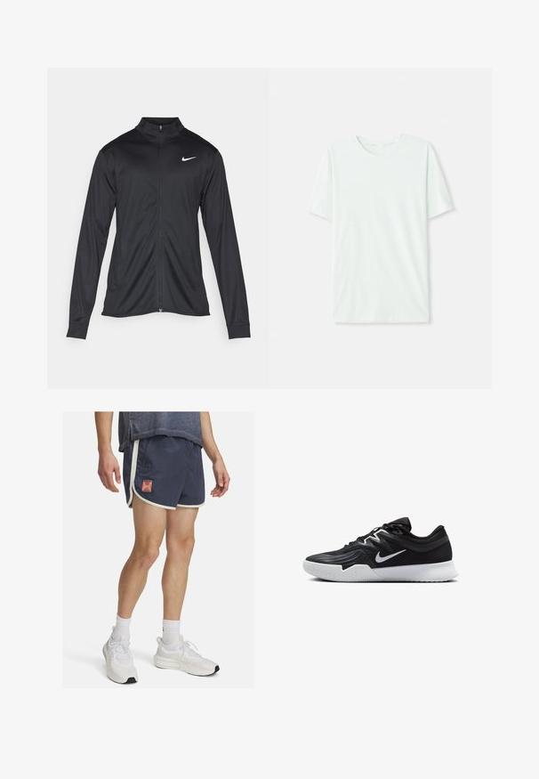 Juodas sportinis švarkas su ilgomis rankovėmis, apykakle ir pilnu užtrauktuku. Yra subtilus baltas Nike logotipas kairėje krūtinės pusėje. Lygus tekstūra.; Šviesiai mėtos žalios spalvos trumpų rankovių marškinėliai, pagaminti iš minkštos medžiagos. Turi apvalią iškirptę ir paprastą tiesų siluetą be dekoro.; Jūriniai sportiniai šortai su baltais apvadais ir „Under Armour“ logotipu. Lengva medžiaga su tekstūruota paviršiumi, sukurta komfortui fiziškai aktyvių užsiėmimų metu.; Juodos sportinės bateliai su tekstūruota viršutine dalimi, balta Nike swoosh ir balta gumine išorine dalimi. Yra su raištelių užsegimo dizainu ir dinamine forma.