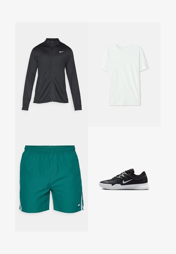 Fekete sportdzseki hosszú ujjal, gallérral és teljes cipzárral. Diszkrét fehér Nike logóval az upper bal mellen. Sima textúra.; Világos menta zöld, rövidujjú póló, puha anyagból készült. Kerek nyakkivágással és egyszerű, egyenes szabással rendelkezik, díszítések nélkül.; Férfi úszóshorts teal színű anyagból, rugalmas derékrésszel, két fehér oldalsávval és kis logóval az alján.; Fekete sportcipő texturált felsőrésszel, fehér Nike logóval és fehér gumitalppal. Fűzős kialakítással és dinamikus formával rendelkezik.
