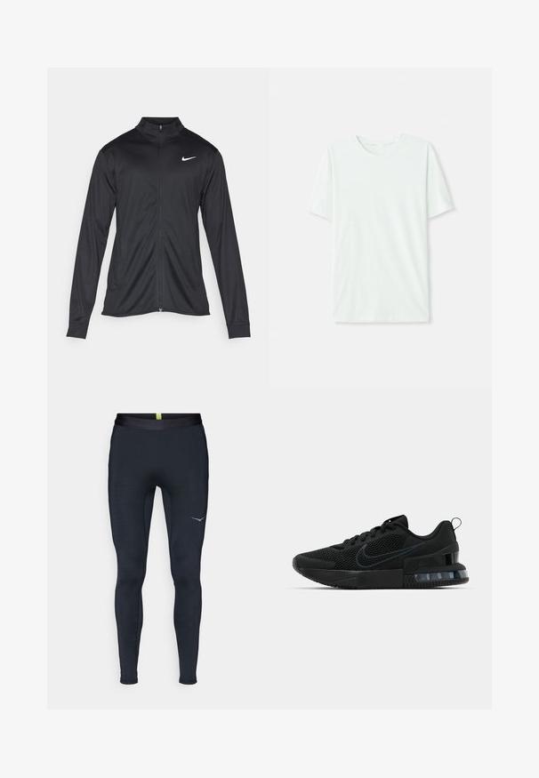Czarna sportowa kurtka z długimi rękawami, kołnierzem i pełnym zamkiem. Posiada subtelne logo Nike w białym kolorze na lewej górnej części klatki piersiowej. Gładka tekstura.; Jasno miętowa koszulka z krótkim rękawem, wykonana z miękkiego materiału. Posiada okrągły dekolt oraz prosty krój bez zdobień.; Granatowe legginsy sportowe wykonane z elastycznego materiału, z gładkim pasem, dopasowanym krojem i odblaskowym logo z boku.; Czarne buty sportowe Nike z siateczkową cholewką, gumową podeszwą, wyściełanym kołnierzem i wyraźnym przezroczystym akcentem na pięcie.