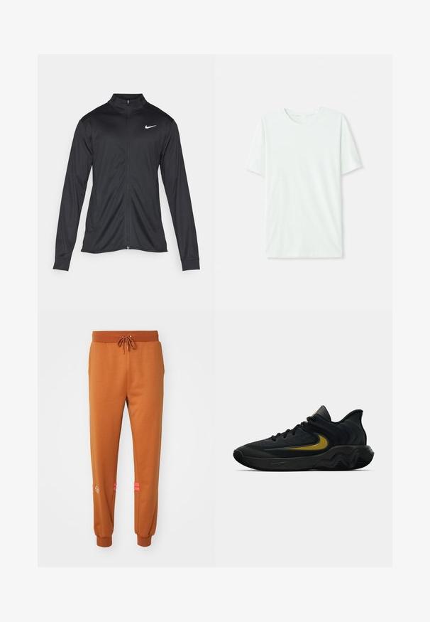 Black athletic jacket with long sleeves, collar, and full zipper. Features a subtle Nike logo in white on the upper left chest. Smooth texture.; Light mint green short-sleeve t-shirt made of soft fabric. Features a crew neckline and a simple, straight cut without embellishments.; Brown sweatpants with elastic waistband and drawstring; features pink accent stripes and embroidered logo near ankle; soft, textured fabric.; Black and dark gray athletic shoe with black laces and gold swoosh logo, featuring a wavy sole design and padded heel collar.