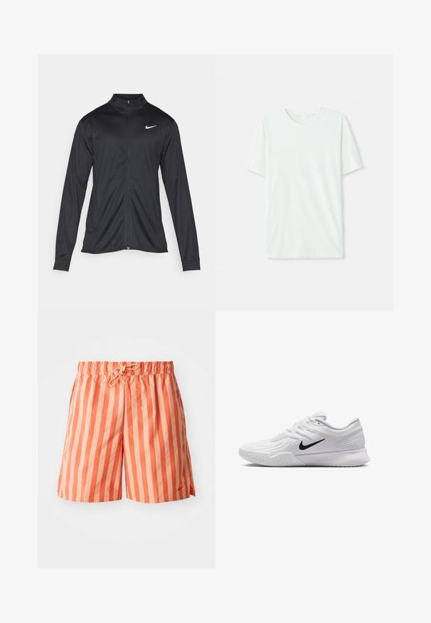 Čierna športová bunda s dlhými rukávmi, golierom a plným zipsom. Obsahuje nenápadné logo Nike v bielej farbe na hornej ľavej hrudi. Hladká textúra.; Svetlo mentolová kráťacia tričko s krátkym rukávom vyrobené z jemnej látky. Má okrúhly výstrih a jednoduchý, rovný strih bez ozdôb.; Plavky s pruhmi v oranžovej a svetlej broskyňovej farbe, so sťahovacou gumičkou v páse, nastaviteľným šnúrkovým pásikom a malým logom na prednej strane.; Biele športové topánky s textúrovaným sieťovaným zvrškom, čiernym logom Nike, polstrovaným golierom a gumovou podrážkou so vzorom dezénu.