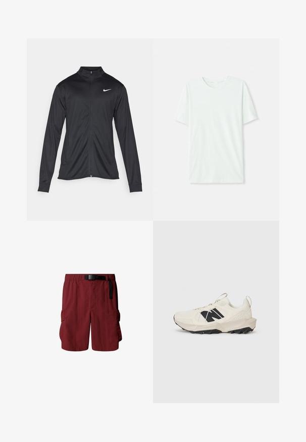 Czarna sportowa kurtka z długimi rękawami, kołnierzem i pełnym zamkiem. Posiada subtelne logo Nike w białym kolorze na lewej górnej części klatki piersiowej. Gładka tekstura.; Jasno miętowa koszulka z krótkim rękawem, wykonana z miękkiego materiału. Posiada okrągły dekolt oraz prosty krój bez zdobień.; Bordowe szorty cargo z elastycznym pasem i regulowanym paskiem. Posiadają dwie boczne kieszenie do przechowywania. Wykonane z lekkiego materiału.; Jasnobeżowe sneakersy z siateczkową cholewką, czarnym logo i teksturowaną podeszwą. Akcentowane geometrią wzoru na śródpodeszwie.