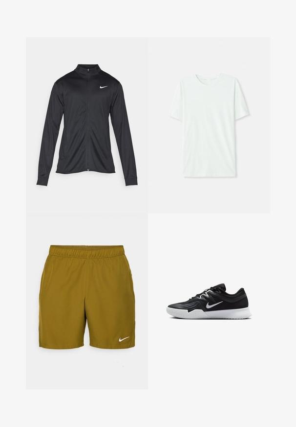 Fekete sportdzseki hosszú ujjal, gallérral és teljes cipzárral. Diszkrét fehér Nike logóval az upper bal mellen. Sima textúra.; Világos menta zöld, rövidujjú póló, puha anyagból készült. Kerek nyakkivágással és egyszerű, egyenes szabással rendelkezik, díszítések nélkül.; Olíva zöld Nike rövidnadrág, könnyű anyagból készült. Rugalmas derékpánttal és fehér Nike logóval a bal alsó oldalon.; Fekete sportcipő texturált felsőrésszel, fehér Nike logóval és fehér gumitalppal. Fűzős kialakítással és dinamikus formával rendelkezik.