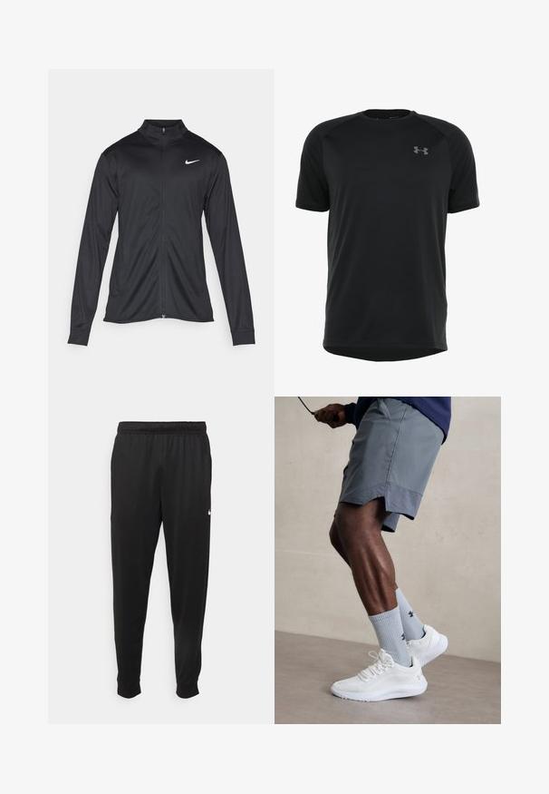 Black athletic jacket with long sleeves, collar, and full zipper. Features a subtle Nike logo in white on the upper left chest. Smooth texture.; Black short-sleeve athletic shirt made of smooth, lightweight fabric. Features a rounded neckline and discreet logo on the chest.; Black athletic pants made of smooth fabric, featuring an elastic waistband, tapered legs, and a small white logo on the left side.; White athletic shoes with textured mesh upper, paired with light blue ribbed socks featuring a logo. Grey athletic shorts with perforated trim.