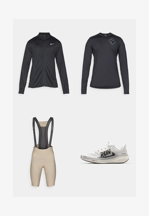 Μαύρο αθλητικό μπουφάν με μακριά μανίκια, γιακά και πλήρη φερμουάρ. Διαθέτει ένα διακριτικό λευκό λογότυπο της Nike στη πάνω αριστερή πλευρά του στήθους. Λείος υφασμάτινος χαρακτήρας.; Μαύρο πουκάμισο με μακριά μανίκια, φτιαγμένο από ελαφρύ υλικό; διαθέτει γκρι λογότυπο στο στήθος και λείο, εφαρμοστό σχέδιο.; Μπεζ ποδηλατικά σορτσάκια με μαύρες δικτυωτές τιράντες, που διαθέτουν επενδεδυμένη περιοχή καθίσματος και λείο, ελαστικό ύφασμα για άνεση και στήριξη.; Λευκό αθλητικό παπούτσι με διχτυωτό επάνω μέρος, μεγάλο μαύρο γραφικό "RUN", ανοιχτού γκρι λεπτομέρειες και μαλακή σόλα με την επωνυμία "AIR 200M".