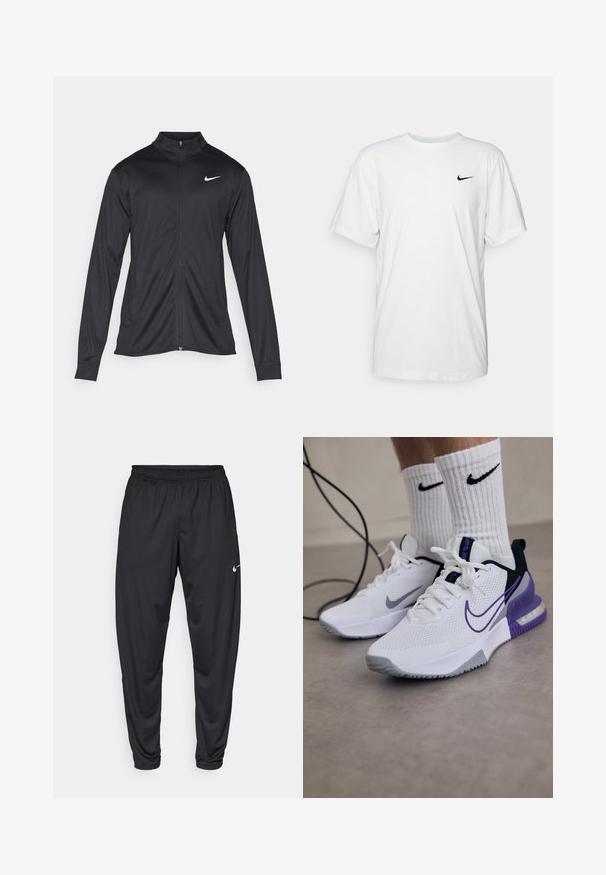 Black athletic jacket with long sleeves, collar, and full zipper. Features a subtle Nike logo in white on the upper left chest. Smooth texture.; White cotton T-shirt with short sleeves, round neckline, and a black Nike logo on the left chest. Smooth, lightweight fabric.; Black athletic pants with an elastic waistband, tapered legs, and a small white Nike logo on the left thigh. Smooth fabric, no patterns.; White athletic shoes with mesh upper, purple accents, and gray sole. Worn with white ribbed socks featuring a black logo. A cord is nearby.
