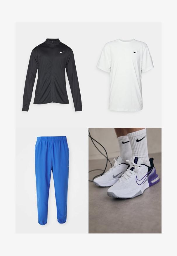 Čierna športová bunda s dlhými rukávmi, golierom a plným zipsom. Obsahuje nenápadné logo Nike v bielej farbe na hornej ľavej hrudi. Hladká textúra.; Biely bavlnený tričko s krátkymi rukávmi, okrúhlym výstrihom a čiernym logom Nike na ľavej hrudi. Hladká, ľahká látka.; Modré športové nohavice s elastickým pásom, priame nohy s užšími manžetami. Na ľavej strane je zlaté logo Nike.; Biele športové topánky s vrchnou časťou z textilu, fialovými akcentmi a šedou podrážkou. Nosia sa s bielymi rebrovými ponožkami s čiernym logom. Vedľa je šnúra.