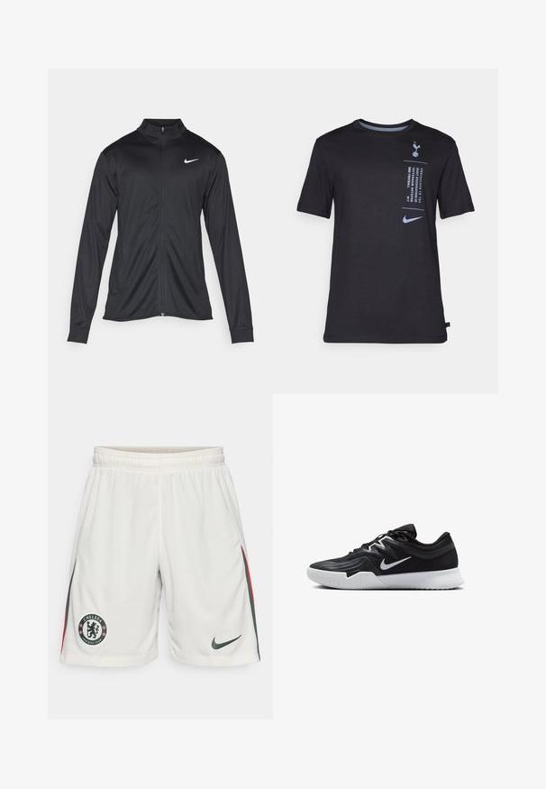 Chaqueta atlética negra con mangas largas, collar y cremallera completa. Presenta un sutil logo de Nike en blanco en la parte superior izquierda del pecho. Textura suave.; Camiseta negra de manga corta hecha de una tela suave. Presenta un logo impreso y detalles de texto en azul claro en la parte frontal, con un escote redondo.; Pantalones cortos de fútbol blancos con una tela texturizada, cinturilla elástica, logo del Chelsea FC y franjas laterales en verde y rojo. Logo de Nike en el dobladillo.; Zapatilla deportiva negra con parte superior texturizada, logo de Nike en blanco y suela de goma blanca. Tiene un diseño con cordones y una forma dinámica.