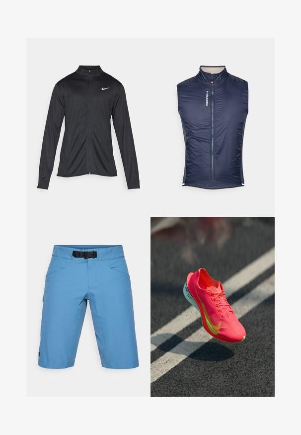 Črna atletska jakna z dolgimi rokavi, ovratnikom in polnim zadrgo. Vključuje diskreten bel Nike logotip na zgornjem levem delu prsnega koša. Gladka tekstura.; Temno modra, brezrokavna kolesarska jakna iz gladkega, lahkega materiala z visokim ovratnikom in polnim sprednjim zadrgo. Vsebuje logotip blagovne znamke.; Svijetloplave hlače s remenom, napravljene od glatkog materijala. Imaju dva prednja džepa i jedan bočni džep na zip.; Svetlo roza tekaški čevelj z teksturirano zgornjimi deli, rumenimi poudarki in lahko podplatom, ki se rahlo odbija od temne površine.