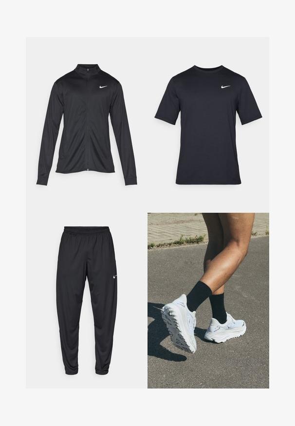 Zwarte sportjack met lange mouwen, kraag en volle rits. Voorzien van een subtiele Nike-logo in het wit op de bovenste linkerborst. Soepele textuur.; Zwart T-shirt met korte mouwen van Nike, gemaakt van gladde stof, met een wit swoosh-logo op de bovenlinkerzijde, ronde hals.; Zwarte sportbroeken met een elastische tailleband, taps toelopende pijpen en een klein wit Nike-logo op de linker bovenbeen. Glad stof, zonder patronen.; Witte hardloopschoenen met een gestructureerde bovenkant, een dikke witte zool en zwarte accenten, gedragen met zwarte enkelsokken op een verhard oppervlak.