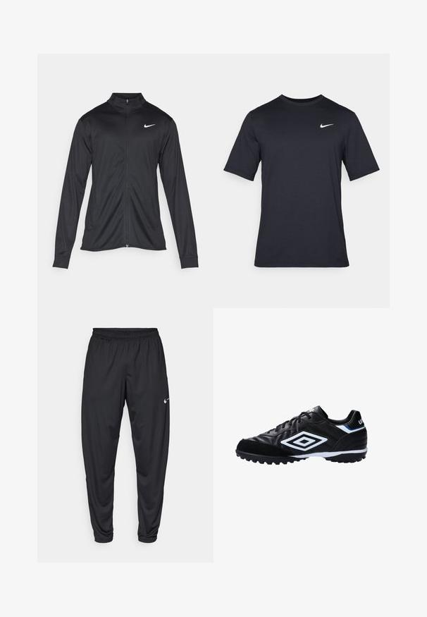 Jacket desportivo preto com mangas longas, colarinho e fecho zip completo. Apresenta um discreto logotipo da Nike em branco na parte superior do lado esquerdo do peito. Textura suave.; T-shirt Nike preto de manga curta, feito de um tecido suave, com um logo swoosh branco no lado superior esquerdo, gola redonda.; Calças de atletismo pretas com um cós elástico, pernas afuniladas e um pequeno logo branco da Nike na coxa esquerda. Tecido liso, sem padrões.; Sapatilha de futebol preta com parte superior em couro sintético texturizado, detalhes em branco e azul, sola de borracha com cravos para tração.