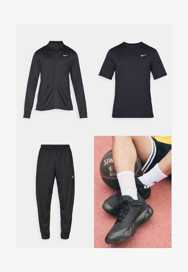 Čierna športová bunda s dlhými rukávmi, golierom a plným zipsom. Obsahuje nenápadné logo Nike v bielej farbe na hornej ľavej hrudi. Hladká textúra.; Čierne tričko s krátkym rukávom značky Nike z hladkého materiálu, s bielym logom swoosh na pravej hornej strane, okrúhly výstrih.; Čierne atletické nohavice s elastickým pásom, zúženými nohavicami a malým bielym logom Nike na ľavom stehne. Hladká tkanina, bez vzorov.; Čierne atletické topánky s textúrovaným zvrškom a zakriveným dizajnom. Uložené na basketbalovej lopte, v kombinácii s bielymi rebrovanými ponožkami na ružovom pozadí.