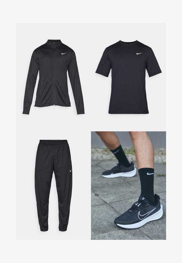 Veste de sport noire à manches longues, avec col et fermeture éclair intégrale. Présente un logo Nike subtil en blanc sur le côté supérieur gauche de la poitrine. Texture lisse.; T-shirt noir à manches courtes Nike en tissu lisse, arborant un logo swoosh blanc sur le côté supérieur gauche, col rond.; Pantalon de sport noir avec une taille élastique, des jambes fuselées et un petit logo Nike blanc sur la cuisse gauche. Tissu lisse, sans motifs.; Nike Performance INTERACT RUN - Chaussures de running - black/white/anthracite