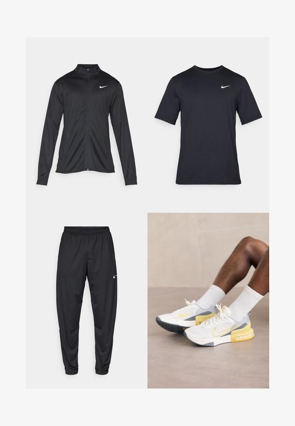 Schwarze Sportjacke mit langen Ärmeln, Kragen und voller Reißverschluss. Verfügt über ein dezentes Nike-Logo in Weiß auf der oberen linken Brust. Glatte Textur.; Schwarzes, kurzärmliges Nike-T-Shirt aus glattem Material, mit einem weißen Swoosh-Logo auf der oberen linken Seite und Rundhalsausschnitt.; Schwarze Sporthose mit elastischem Bund, schmal zulaufenden Beinen und kleinem weißen Nike-Logo auf dem linken Oberschenkel. Glattes Material, ohne Muster.; Weiße Netz-Sportschuhe mit grauen und gelben Akzenten, ausgestattet mit einer strukturierten Sohle und dem markanten Nike-Swoosh-Logo.