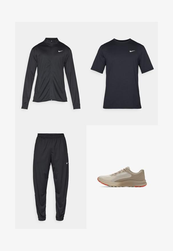 Veste de sport noire à manches longues, avec col et fermeture éclair intégrale. Présente un logo Nike subtil en blanc sur le côté supérieur gauche de la poitrine. Texture lisse.; T-shirt noir à manches courtes Nike en tissu lisse, arborant un logo swoosh blanc sur le côté supérieur gauche, col rond.; Pantalon de sport noir avec une taille élastique, des jambes fuselées et un petit logo Nike blanc sur la cuisse gauche. Tissu lisse, sans motifs.; Botte de course beige clair avec un panneau supérieur texturé, des accents orange sourd contrastants sur la semelle et une semelle intermédiaire rembourrée.