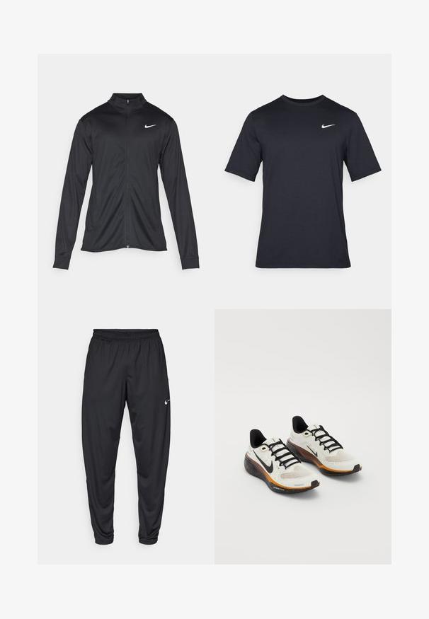 Veste de sport noire à manches longues, avec col et fermeture éclair intégrale. Présente un logo Nike subtil en blanc sur le côté supérieur gauche de la poitrine. Texture lisse.; T-shirt noir à manches courtes Nike en tissu lisse, arborant un logo swoosh blanc sur le côté supérieur gauche, col rond.; Pantalon de sport noir avec une taille élastique, des jambes fuselées et un petit logo Nike blanc sur la cuisse gauche. Tissu lisse, sans motifs.; Baskets de course Nike avec une tige en mesh blanc, des lacets noirs, une semelle orange et noire avec des détails mouchetés, et un design respirant.