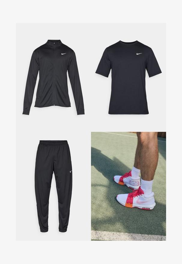 Černá sportovní bunda s dlouhými rukávy, límcem a plným zipem. Má decentní bílou logo značky Nike na horní levé části hrudi. Hladká textura.; Černé triko Nike s krátkým rukávem vyrobené z hladké látky, s bílým logem swoosh na horní levé straně, klasický kulatý výstřih.; Černé sportovní kalhoty s elastickým pasem, zúženými nohavicemi a malým bílým logem Nike na levém stehně. Hladká látka, bez vzorů.; Bílé a růžové sportovní boty s oranžovými akcenty, síťovinovými panely, texturovaným povrchem a viditelným logem Nike, umístěné na zeleném kurtu.