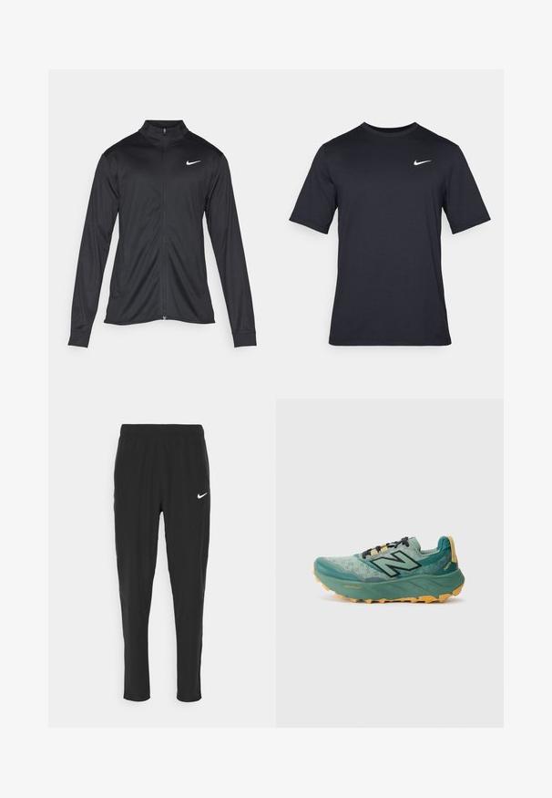 Zwarte sportjack met lange mouwen, kraag en volle rits. Voorzien van een subtiele Nike-logo in het wit op de bovenste linkerborst. Soepele textuur.; Zwart T-shirt met korte mouwen van Nike, gemaakt van gladde stof, met een wit swoosh-logo op de bovenlinkerzijde, ronde hals.; Zwarte sportbroek gemaakt van lichtgewicht stof, met een elastische tailleband en een wit Nike-logo op de linkerdij.; Groene trailrunning schoenen met een bovenwerk van mesh, zwarte veters en een robuuste gele buitenzool. Bevat "Fresh Foam" en "Vibram" branding.