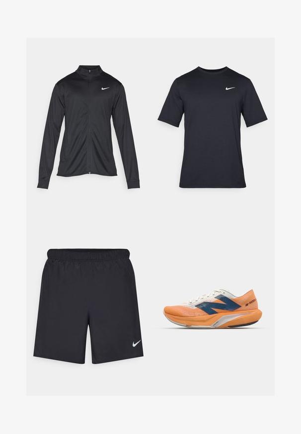 Črna atletska jakna z dolgimi rokavi, ovratnikom in polnim zadrgo. Vključuje diskreten bel Nike logotip na zgornjem levem delu prsnega koša. Gladka tekstura.; Črna kratkotrajna majica Nike iz gladkega materiala, z belim logotipom Swoosh na zgornji levi strani, okrogel izrez.; Črne atletske kratke hlače iz lahkotnega materiala z elastičnim pasom. Imajo majhen bel Nike logo na spodnji levi strani.; Tekmovalni čevlji za tek v oranžni in beli barvi z modrimi poudarki, z mrežastim zgornjim delom, oblazinjeno podplatno in aerodinamičnim dizajnom za boljšo zmogljivost.