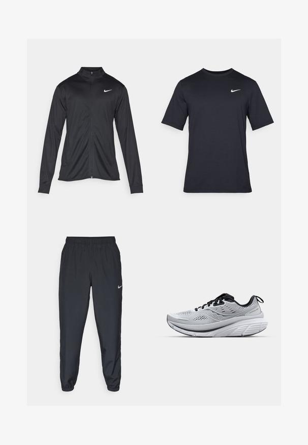 Giacca sportiva nera con maniche lunghe, colletto e zip completa. Presenta un logo Nike in bianco sulla parte superiore del lato sinistro del petto. Tessuto morbido.; T-shirt Nike nera a maniche corte realizzata in tessuto morbido, con il logo bianco dello swoosh nella parte superiore sinistra, colletto girocollo.; Pantaloni da jogging neri realizzati in tessuto leggero con cintura elastica, polsini alla caviglia e un logo Nike discreto sul lato sinistro.; Scarpe da corsa leggere in mesh grigio, con colletto imbottito, dettagli neri e una suola intermedia bianca spessa con suola a grip testurizzato.