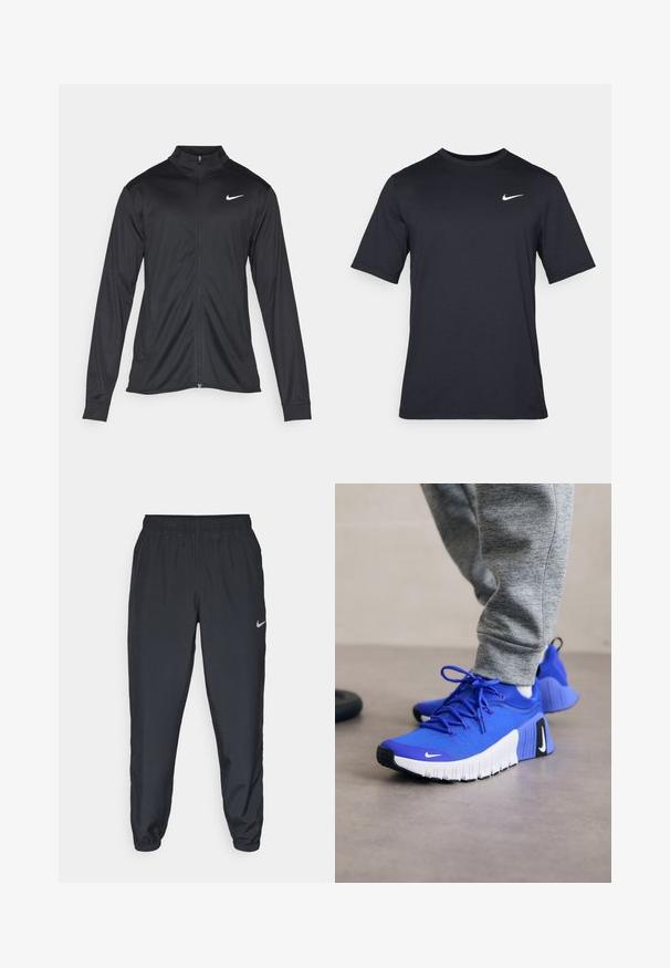 Črna atletska jakna z dolgimi rokavi, ovratnikom in polnim zadrgo. Vključuje diskreten bel Nike logotip na zgornjem levem delu prsnega koša. Gladka tekstura.; Črna kratkotrajna majica Nike iz gladkega materiala, z belim logotipom Swoosh na zgornji levi strani, okrogel izrez.; Črne trenirke iz lahkega materiala z elastičnim pasom, manšetami na gležnjih in diskretnim logotipom Nike na levi strani.; Modre športne čevlje z zgornjim delom iz teksturirane tkanine, belim podplatom in črnimi dodatki. Imajo vezalke in poenostavljen, ergonomski dizajn.