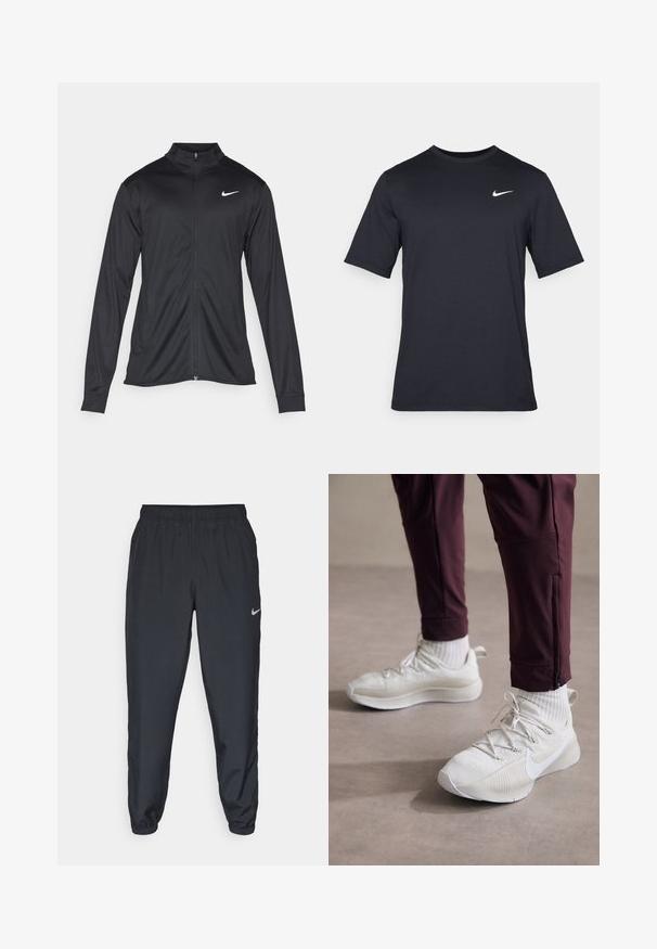 Melna sporta jaka ar garām piedurknēm, apkakli un pilnu rāvējslēdzēju. Uz kreisā krūts augšdaļas ir maigs Nike logo baltā krāsā. Gluda tekstūra.; Melnas īsām piedurknēm Nike t-krekls, izgatavots no gludas auduma, ar baltu swoosh logotipu augšējā kreisajā pusē, apaļu kakla izgriezumu.; Melnas sporta bikses, izgatavotas no viegla auduma, ar elastīgu jostasvietu, potīšu malām un diskretu Nike logo kreisajā pusē.; Baltas sporta apavus ar faktūrētu virsmu, ar pelēkām akcentiem, taisnām šņorēm un Nike logo, apvienojot ar bordo sporta biksēm un baltām zeķēm.
