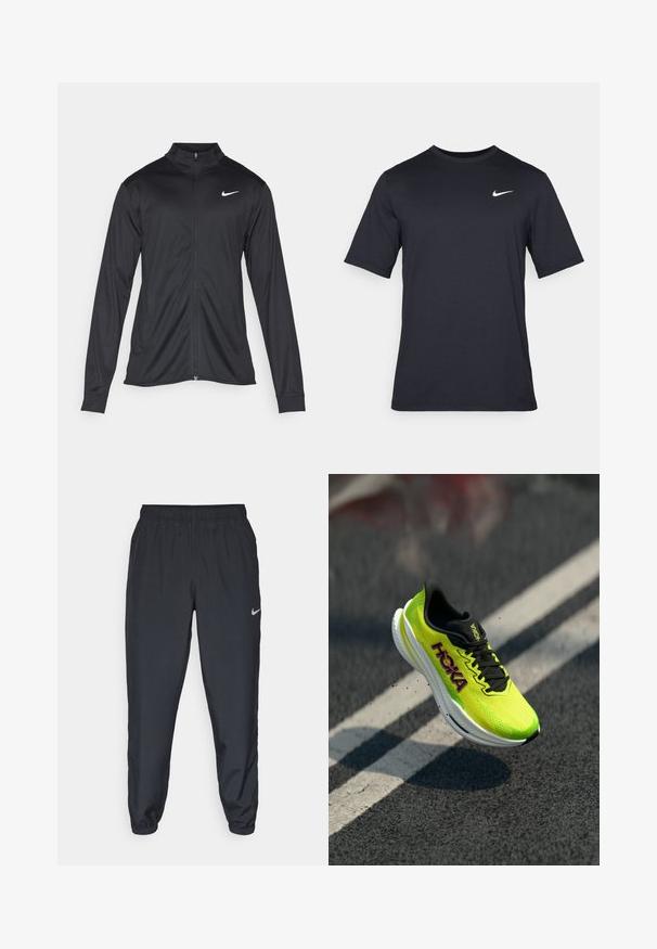 Must värvi sportlik jakk pikkade varrukatega, krae ja täispikk tõmblukk. Ülemises vasakus rinnas on diskreetne valge Nike logo. Sile tekstuur.; Must tume musta Nike t-särk, mis on valmistatud siledast kangast, valge swoosh logo vasakul ülanurgas, ümar kaelus.; Kerged mustad spordipüksid, mis on valmistatud kerge kangaga, elastse vöökoha, pahkluude mansettide ja diskreetse Nike logo abil vasakul külgedel.; Hoka jooksujalanõud ereda neoonkollase võrkmaterjaliga pealmise osaga, mustade aktsentidega ja valge vaheosaga, millel on voolujooneline disain ja tekstuurne pind.