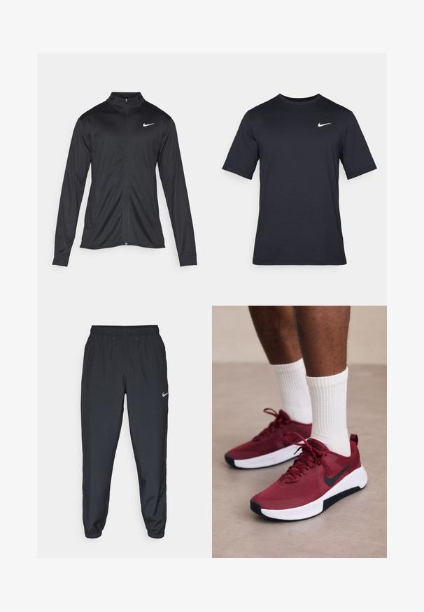 Juodas sportinis švarkas su ilgomis rankovėmis, apykakle ir pilnu užtrauktuku. Yra subtilus baltas Nike logotipas kairėje krūtinės pusėje. Lygus tekstūra.; Juodas trumpomis rankovėmis Nike marškinėliai, pagaminti iš lygaus audinio, su baltu swoosh logotipu viršutinėje kairėje pusėje, apvaliu kaklu.; Juodos sportinės kelnės iš lengvos medžiagos su elastinga juosta, kulkšnies rankovėmis ir diskretišku Nike logotipu kairėje pusėje.; Raudoni tekstūruoti sportbačiai su juodu Nike ženkleliu, balta padu ir juodomis detalėmis, derinami su baltais raukšlėtais kojinėmis.