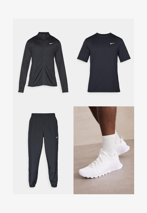 Schwarze Sportjacke mit langen Ärmeln, Kragen und voller Reißverschluss. Verfügt über ein dezentes Nike-Logo in Weiß auf der oberen linken Brust. Glatte Textur.; Schwarzes, kurzärmliges Nike-T-Shirt aus glattem Material, mit einem weißen Swoosh-Logo auf der oberen linken Seite und Rundhalsausschnitt.; Schwarze Trainingshose aus einem leichten Stoff mit elastischem Bund, Knöchelabschlüssen und einem dezenten Nike-Logo auf der linken Seite.; Weiße Sportschuhe mit einer strukturierten Oberseite, gepolstertem Kragen und flexibler Sohle; ergänzt durch weiße gerippte Socken.