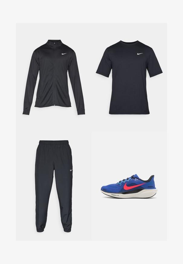 Čierna športová bunda s dlhými rukávmi, golierom a plným zipsom. Obsahuje nenápadné logo Nike v bielej farbe na hornej ľavej hrudi. Hladká textúra.; Čierne tričko s krátkym rukávom značky Nike z hladkého materiálu, s bielym logom swoosh na pravej hornej strane, okrúhly výstrih.; Čierne teplákové nohavice vyrobené z ľahkého materiálu s elastickým pásom, manžetami na členkoch a diskrétnym logom Nike na ľavej strane.; Nike Performance AIR ZOOM PEGASUS 41 - Cestná bežecká obuv - astronomy blue/hot punch/black/baltic blue/pale ivory