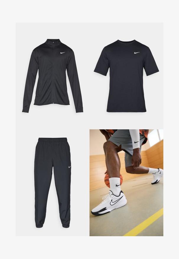 Black athletic jacket with long sleeves, collar, and full zipper. Features a subtle Nike logo in white on the upper left chest. Smooth texture.; Black short-sleeve Nike t-shirt made of smooth fabric, featuring a white swoosh logo on the upper left side, crew neckline.; Black track pants made from lightweight fabric with an elastic waistband, ankle cuffs, and a discreet Nike logo on the left side.; Nike basketball shoes in white with black accents, featuring a mesh upper and a textured sole. Worn with white Nike-branded socks and gray shorts.