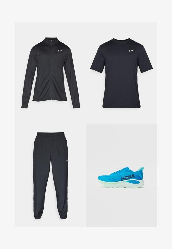 Must värvi sportlik jakk pikkade varrukatega, krae ja täispikk tõmblukk. Ülemises vasakus rinnas on diskreetne valge Nike logo. Sile tekstuur.; Must tume musta Nike t-särk, mis on valmistatud siledast kangast, valge swoosh logo vasakul ülanurgas, ümar kaelus.; Kerged mustad spordipüksid, mis on valmistatud kerge kangaga, elastse vöökoha, pahkluude mansettide ja diskreetse Nike logo abil vasakul külgedel.; Kerged sinine jooksujalats, millel on võrgust ülemine osa, pehmendusega kaelus ja paks valge tald, millel on akvamariini aktsendid ja silmapaistev must logo.