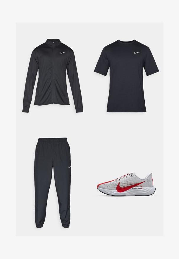 Must värvi sportlik jakk pikkade varrukatega, krae ja täispikk tõmblukk. Ülemises vasakus rinnas on diskreetne valge Nike logo. Sile tekstuur.; Must tume musta Nike t-särk, mis on valmistatud siledast kangast, valge swoosh logo vasakul ülanurgas, ümar kaelus.; Kerged mustad spordipüksid, mis on valmistatud kerge kangaga, elastse vöökoha, pahkluude mansettide ja diskreetse Nike logo abil vasakul külgedel.; Nike ZoomX jooksujalatsid on varustatud halli võrgust pealisega, millel on punasedDetailid, sulgkerge disain ja pehmendatud valge vaheosa, mis on loodud kõrge jõudluse saavutamiseks.