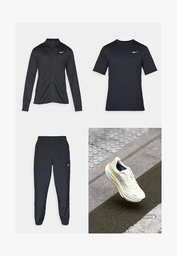 Črna atletska jakna z dolgimi rokavi, ovratnikom in polnim zadrgo. Vključuje diskreten bel Nike logotip na zgornjem levem delu prsnega koša. Gladka tekstura.; Črna kratkotrajna majica Nike iz gladkega materiala, z belim logotipom Swoosh na zgornji levi strani, okrogel izrez.; Črne trenirke iz lahkega materiala z elastičnim pasom, manšetami na gležnjih in diskretnim logotipom Nike na levi strani.; Bela in rumena HOKA športna obutev lebdi nad teksturiranim pločnikom in robnikom ceste blizu pešpoti.