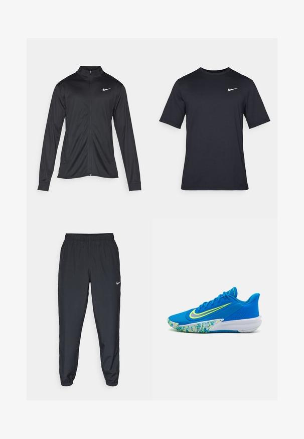 Must värvi sportlik jakk pikkade varrukatega, krae ja täispikk tõmblukk. Ülemises vasakus rinnas on diskreetne valge Nike logo. Sile tekstuur.; Must tume musta Nike t-särk, mis on valmistatud siledast kangast, valge swoosh logo vasakul ülanurgas, ümar kaelus.; Kerged mustad spordipüksid, mis on valmistatud kerge kangaga, elastse vöökoha, pahkluude mansettide ja diskreetse Nike logo abil vasakul külgedel.; Sinine spordijalanõud tekstuurse pealispinnaga, erekollased aktsendid ja mustriline tall, kus on siniseid ja rohelisi toone. Sile ja voolujooneline disain.