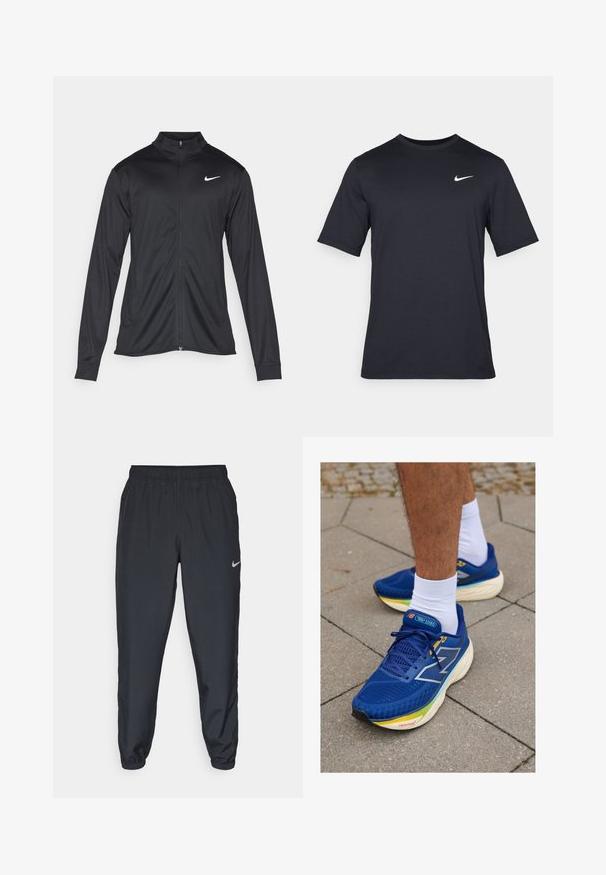 Must värvi sportlik jakk pikkade varrukatega, krae ja täispikk tõmblukk. Ülemises vasakus rinnas on diskreetne valge Nike logo. Sile tekstuur.; Must tume musta Nike t-särk, mis on valmistatud siledast kangast, valge swoosh logo vasakul ülanurgas, ümar kaelus.; Kerged mustad spordipüksid, mis on valmistatud kerge kangaga, elastse vöökoha, pahkluude mansettide ja diskreetse Nike logo abil vasakul külgedel.; Sinised spordijalatsid, millel on võrgutüüp ülemine osa, peegeldavad detailid, valged paelad ja mitme värviga pehmendatud tallad. Kandmine valgete sokkidega.