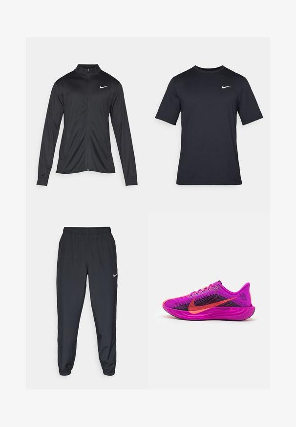 Giacca sportiva nera con maniche lunghe, colletto e zip completa. Presenta un logo Nike in bianco sulla parte superiore del lato sinistro del petto. Tessuto morbido.; T-shirt Nike nera a maniche corte realizzata in tessuto morbido, con il logo bianco dello swoosh nella parte superiore sinistra, colletto girocollo.; Pantaloni da jogging neri realizzati in tessuto leggero con cintura elastica, polsini alla caviglia e un logo Nike discreto sul lato sinistro.; Scarpa da corsa Nike ZoomX in rosa vivace con dettagli in rete nera. Presenta accentuazioni viola, lacci rotondi e una suola testurizzata per la presa.