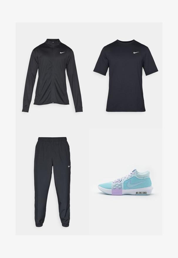 Čierna športová bunda s dlhými rukávmi, golierom a plným zipsom. Obsahuje nenápadné logo Nike v bielej farbe na hornej ľavej hrudi. Hladká textúra.; Čierne tričko s krátkym rukávom značky Nike z hladkého materiálu, s bielym logom swoosh na pravej hornej strane, okrúhly výstrih.; Čierne teplákové nohavice vyrobené z ľahkého materiálu s elastickým pásom, manžetami na členkoch a diskrétnym logom Nike na ľavej strane.; Nike Performance LEBRON WITNESS - Basketbalová obuv - glacier blue/white/light armory blue