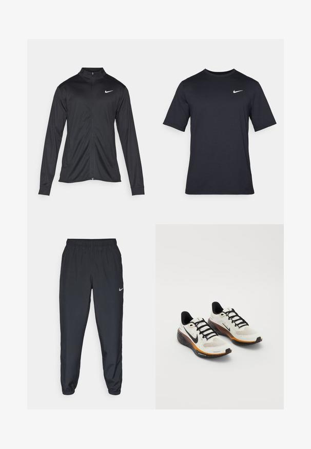 Juodas sportinis švarkas su ilgomis rankovėmis, apykakle ir pilnu užtrauktuku. Yra subtilus baltas Nike logotipas kairėje krūtinės pusėje. Lygus tekstūra.; Juodas trumpomis rankovėmis Nike marškinėliai, pagaminti iš lygaus audinio, su baltu swoosh logotipu viršutinėje kairėje pusėje, apvaliu kaklu.; Juodos sportinės kelnės iš lengvos medžiagos su elastinga juosta, kulkšnies rankovėmis ir diskretišku Nike logotipu kairėje pusėje.; Nike bėgimo batai su balta tinkline viršute, juodais raišteliais, oranžiniu ir juodu padu su taškiniais akcentais bei kvėpuojančiu dizainu.