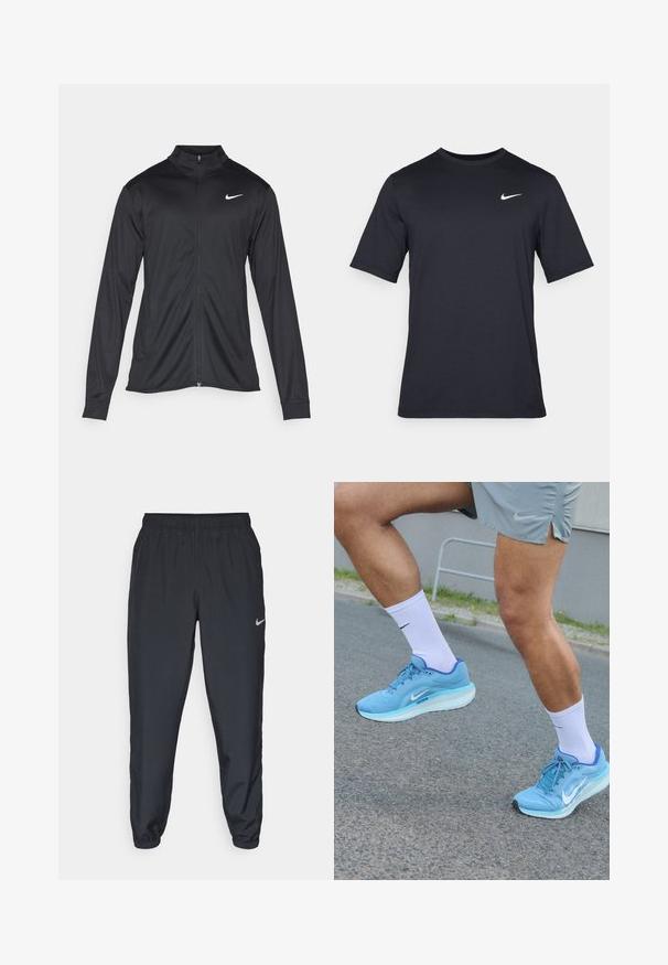 Juodas sportinis švarkas su ilgomis rankovėmis, apykakle ir pilnu užtrauktuku. Yra subtilus baltas Nike logotipas kairėje krūtinės pusėje. Lygus tekstūra.; Juodas trumpomis rankovėmis Nike marškinėliai, pagaminti iš lygaus audinio, su baltu swoosh logotipu viršutinėje kairėje pusėje, apvaliu kaklu.; Juodos sportinės kelnės iš lengvos medžiagos su elastinga juosta, kulkšnies rankovėmis ir diskretišku Nike logotipu kairėje pusėje.; Šviesiai mėlyni sportiniai batai su tinklelio viršumi, balta swoosh logotipu, storu baltu padu, su baltais kojiniais, ant asfalto fono.