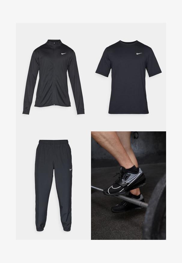 Jacket desportivo preto com mangas longas, colarinho e fecho zip completo. Apresenta um discreto logotipo da Nike em branco na parte superior do lado esquerdo do peito. Textura suave.; T-shirt Nike preto de manga curta, feito de um tecido suave, com um logo swoosh branco no lado superior esquerdo, gola redonda.; Calças de treino pretas feitas de um tecido leve, com um cós elástico, punhos nos tornozelos e um discreto logótipo da Nike no lado esquerdo.; Tênis atléticos pretos e cinzas com material em malha, logotipo da Nike em destaque, faixa larga e detalhes brancos, posicionados sobre uma barra de levantamento de pesos.