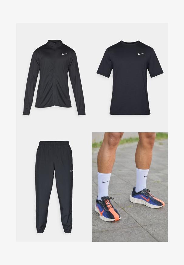 Zwarte sportjack met lange mouwen, kraag en volle rits. Voorzien van een subtiele Nike-logo in het wit op de bovenste linkerborst. Soepele textuur.; Zwart T-shirt met korte mouwen van Nike, gemaakt van gladde stof, met een wit swoosh-logo op de bovenlinkerzijde, ronde hals.; Zwarte trainingsbroek van lichtgewicht materiaal met een elastische tailleband, enkelmanchetten en een discreet Nike-logo aan de linkerkant.; Nike hardloopschoenen in marineblauw met oranje accenten. Bovenwerk van mesh voor ademend vermogen, dikke witte zool en zwarte veters. Draagt met witte sokken.