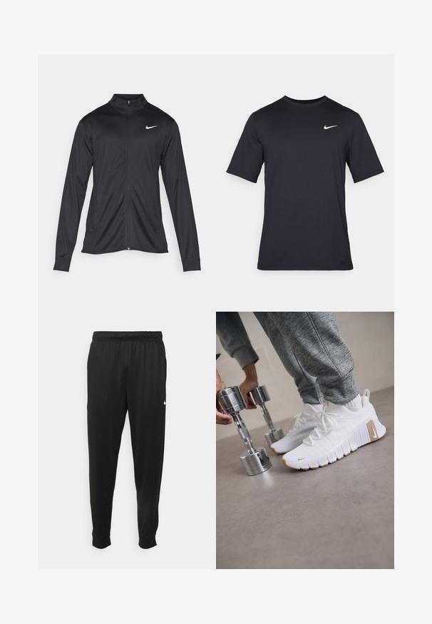 Svart idrettsjakke med lange ermer, krage og full glidelås. Har en subtil Nike-logo i hvitt på øvre venstre bryst. Glatt tekstur.; Svart kortermet Nike t-skjorte laget av glatt stoff, med en hvit swoosh-logo på øvre venstre side, rund hals.; Svarte treningsbukser laget av glatt stoff, med elastisk midje, smale ben og en liten hvit logo på venstre side.; Hvite joggesko med teksturert overdel, flat gummisåle og lysebrune detaljer. Sølvmanualer i forgrunnen. Grå joggebukser synlige.