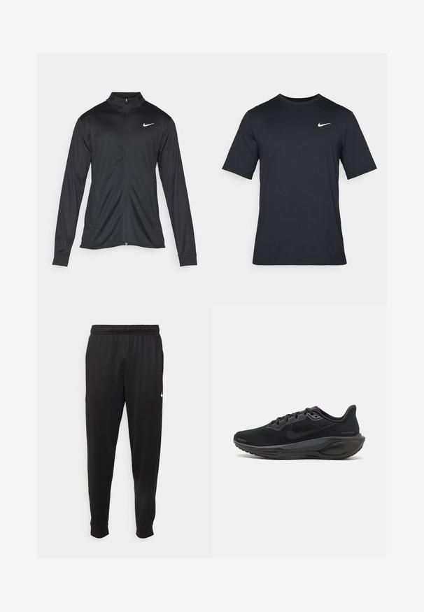 Fekete sportdzseki hosszú ujjal, gallérral és teljes cipzárral. Diszkrét fehér Nike logóval az upper bal mellen. Sima textúra.; Fekete, rövid ujjú Nike póló sima anyagból, fehér swoosh logóval a bal felső oldalon, kerek nyakkivágással.; Fekete sportos nadrág sima anyagból, rugalmas derékkal, szűkülő lábakkal és egy kis fehér logóval a bal oldalon.; Fekete sportcipő hálós felsőrésszel és megerősített fűzőlyukakkal, párnázott talppal, karcsú dizájnnal és minimális díszítéssel.