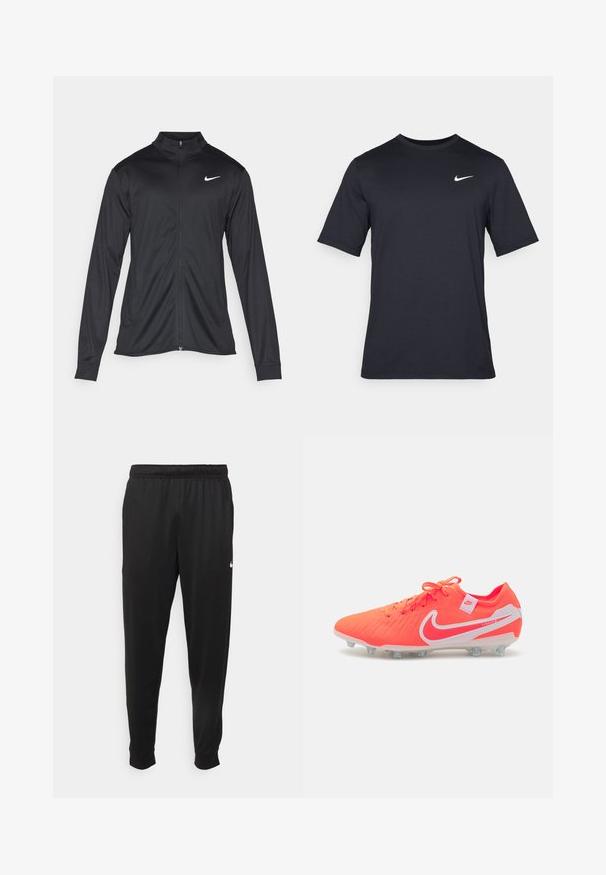 Fekete sportdzseki hosszú ujjal, gallérral és teljes cipzárral. Diszkrét fehér Nike logóval az upper bal mellen. Sima textúra.; Fekete, rövid ujjú Nike póló sima anyagból, fehér swoosh logóval a bal felső oldalon, kerek nyakkivágással.; Fekete sportos nadrág sima anyagból, rugalmas derékkal, szűkülő lábakkal és egy kis fehér logóval a bal oldalon.; Fényes narancssárga Nike focicipő texturált felsőrésszel, fehér díszítéssel és fűzőkkel. Formázott tüskéi vannak a füves felületekhez való tapadás érdekében.