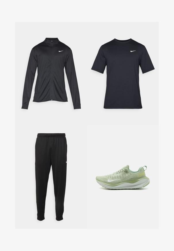 Černá sportovní bunda s dlouhými rukávy, límcem a plným zipem. Má decentní bílou logo značky Nike na horní levé části hrudi. Hladká textura.; Černé triko Nike s krátkým rukávem vyrobené z hladké látky, s bílým logem swoosh na horní levé straně, klasický kulatý výstřih.; Černé sportovní kalhoty vyrobené z hladké tkaniny, s elastickým pasem, zúženými nohavicemi a malým bílým logem na levé straně.; Nike Performance REACTX INFINITY - Silniční běžecké boty - khaki