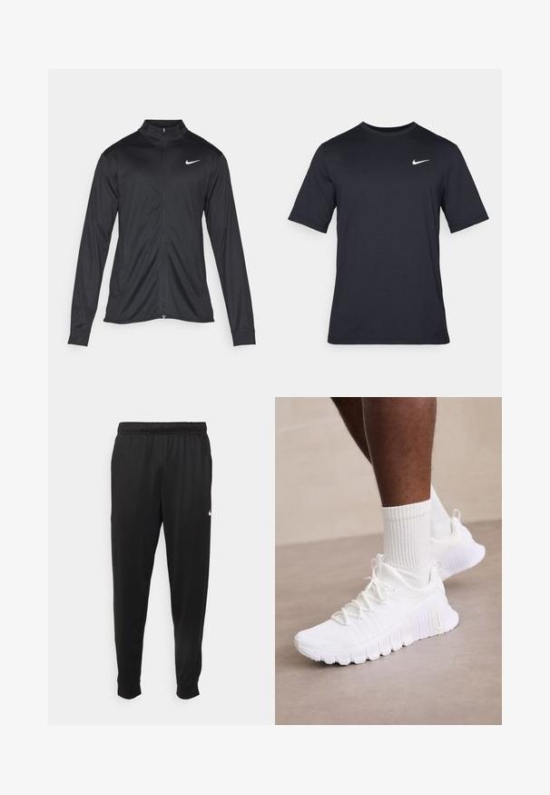 Schwarze Sportjacke mit langen Ärmeln, Kragen und voller Reißverschluss. Verfügt über ein dezentes Nike-Logo in Weiß auf der oberen linken Brust. Glatte Textur.; Schwarzes, kurzärmliges Nike-T-Shirt aus glattem Material, mit einem weißen Swoosh-Logo auf der oberen linken Seite und Rundhalsausschnitt.; Schwarze Sporthosen aus glattem Stoff, mit einem elastischen Bund, schmal zulaufenden Beinen und einem kleinen weißen Logo auf der linken Seite.; Weiße Sportschuhe mit einer strukturierten Oberseite, gepolstertem Kragen und flexibler Sohle; ergänzt durch weiße gerippte Socken.